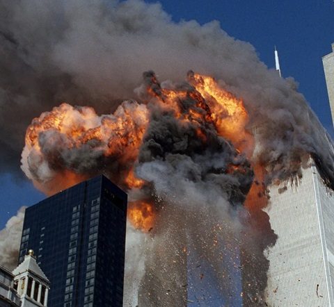 Smoke and flames rising from the World Trade Center during the September 11 attacks.